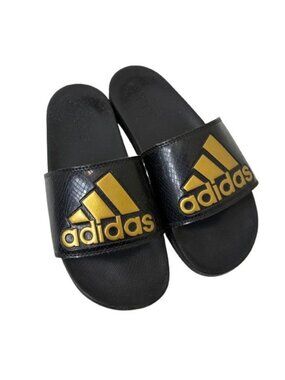 Adidas Adilette Comfort Women’s Size 7 Black Gold Metallic Slides Y2K fashion